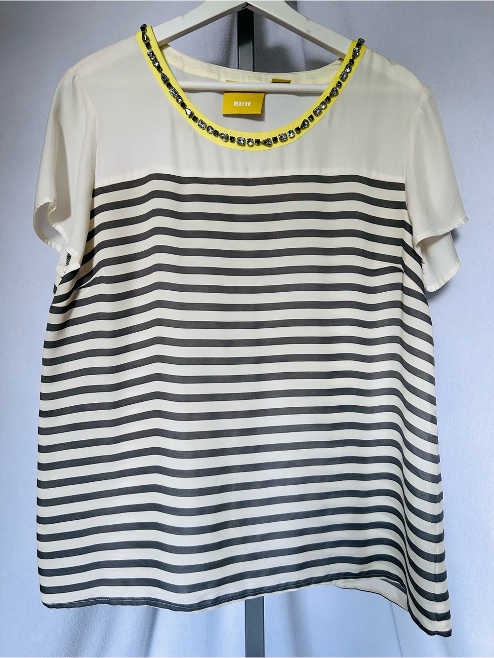 Anthropologie Maeve Ivory Gray Striped Short-Sleeve Rhinestone Crystals